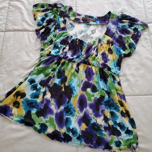 Fever Watercolor Flounce Sleeve Empire Waist Blouse Top